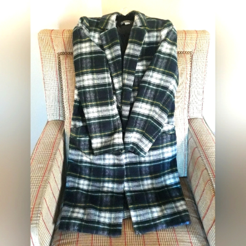 Rachel Zoe Plaid Winter Coat Size Large Navy White Yellow Multi $299 💕
